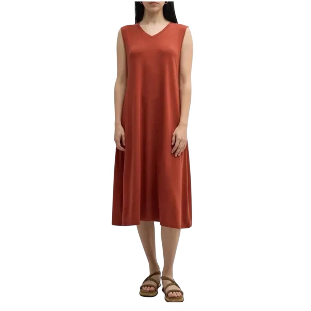 NWT Eileen Fisher Sleeveless V Neck Jersey Midi Dress Red Orange Lagenlook LARGE